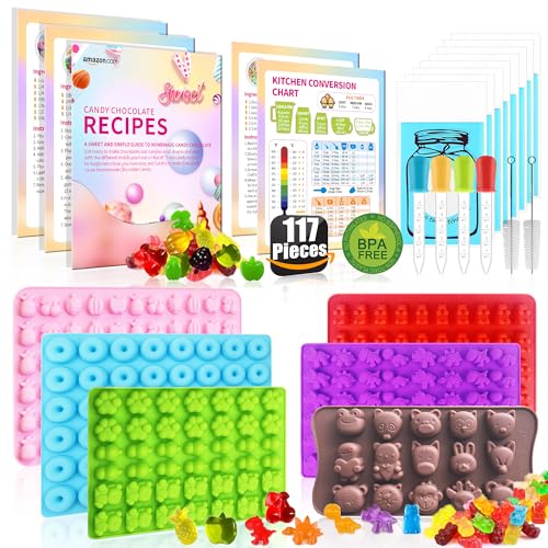 117Pcs Gummy Candy Molds Kit with Wrappers, Recipe Card,Droppers Brushe - color: Candy set - 117 pcs