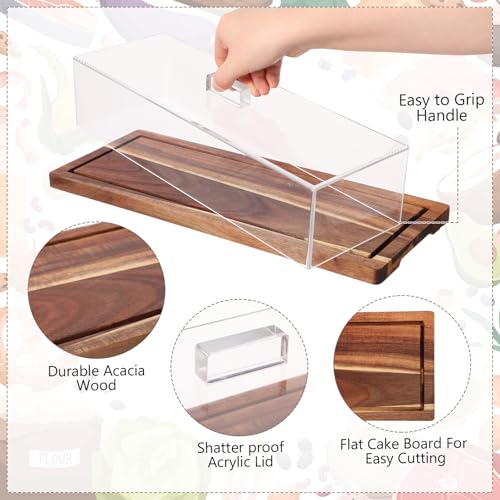 Mifoci 2 Pack Acacia Wood Cake Stand Serving Tray with Acrylic Lid, 15 x 6 x 4 Inches Charcuterie Table Display Set, Dessert Serving Tray Set for Bakery, Buffet, Home Party & Restaurant - color: Acacia Wood, size: 15 x 6 x 4 Inches