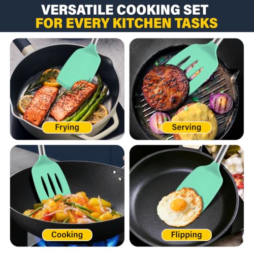 2 Pack Silicone Spatula Set, Solid & Slotted Turner for Non-Stick Pans - color: Teal