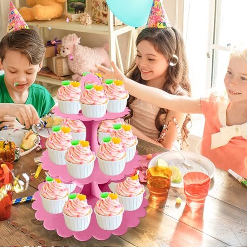 Pink Cupcake Stand 3-Tier, Cardboard Dessert Display Tower, 1-Pack - color: Pink 1 Pack