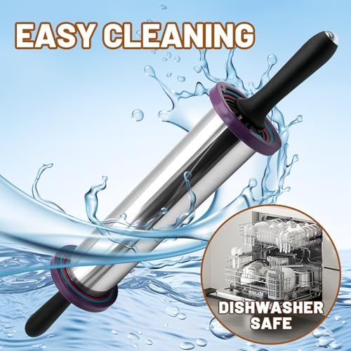 Adjustable Stainless Steel Rolling Pin with Thickness Rings 19 Inch - color: Silver
