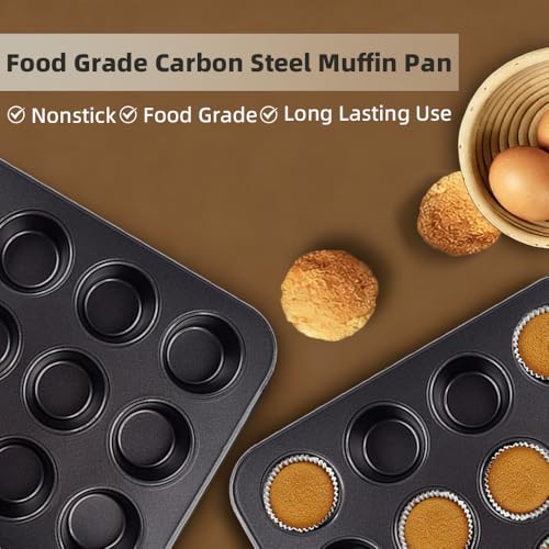 Mini Muffin Pan 12 Cups, 2 PCS Nonstick Cupcake Baking Pans Bakeware Carbon Steel Muffin Pan for muffins cupcakes