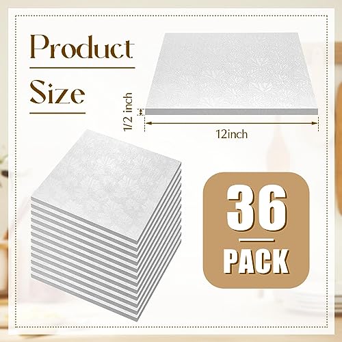 Dandat 36 Pcs Square Cake Boards, 1/2 Inch Thick Foil Covered Base, Sturdy Fully Wrapped Edges Square Cake Drum for Christmas Holidays Wedding Party(12 Inch,White)
