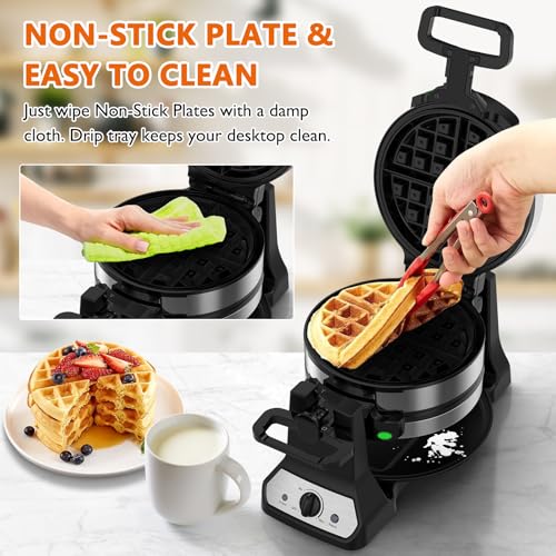 Waffle Maker, 1400W Belgian Waffle Maker, Double Waffle Iron 180° Flip, Rotating Nonstick Plates, Adjustable Browning Control, Locking Buckle & Cool Touch Handle, Removable Drip Tray, Stainless Steel - color: Sliver