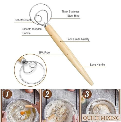 Danish Dough Whisk with Dough Scraper Dutch Bread Whisk Bread Mixer 10" Stainless Steel Dutch Bread Dough Whisk with Wooden Handle Dutch Whisk Baking Tools for Sourdough, Pizza, Pastry, Cake