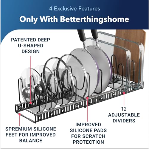 Better Things Home 5.5” Wide 12-Slot Adjustable Pot Lid Organizer with Scratch-Free Pads, Expandable Pot Lid Holder Rack for Cabinet, Small to Medium Pots and Pans Organizer Inside Cabinet - size: LID ORGANIZER - 12+ DIVIDERS