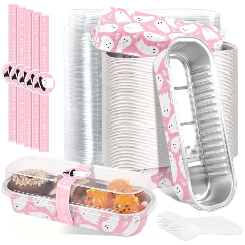 FYSUIMU 100 Pcs Halloween Mini Loaf Pans with Lids and Forks Pink Ghost Mini Cake Pans 6.8 Oz Rectangular Aluminum Foil Baking Container Muffin Cupcake Cups for Trick or Treat Party Picnic Supplies - color: Pink Ghost