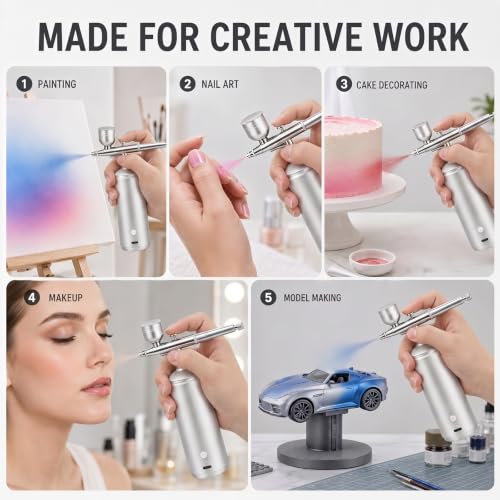 Cordless Airbrush Kit with Compressor, 48PSI Rechargeable Spray Gun Set, 0.3mm Nozzle & 2 Paint Cups (20cc/40cc) for Painting, Nail Art, Cake Decor, Makeup, Modeling