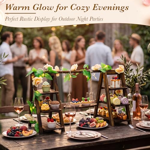 Rustic Wooden Cupcake Stand with LED String Lights, 3 Tier Dessert Display Ladder with Swinging Tray, Solid Pine Serving Trays with Flower Vine for Wedding, Party, Birthday Event Table Decor