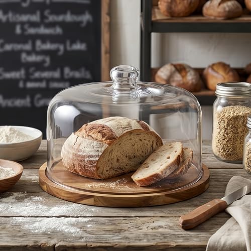 Clear Wooden Glass Dessert Dome with Base, Round Cake Stand Cover, Pastry Display Cloche for Food, Cake Plate with Cover for Baking Gifts Birthday Kitchen Party Weddings (11.4 inch)