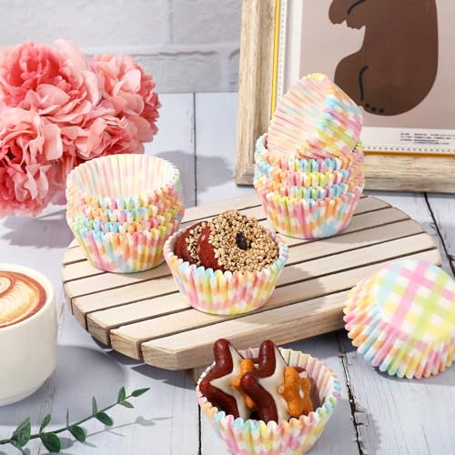 Whaline 300Pcs Pastel Plaid Paper Baking Cups Easter Colorful Checkered Cupcake Liners Spring Muffin Liner Cake Paper Cups Storage Container for Spring Easter Party Baking Supplies, 2 x 1.2 Inch - style: Pastel Plaid
