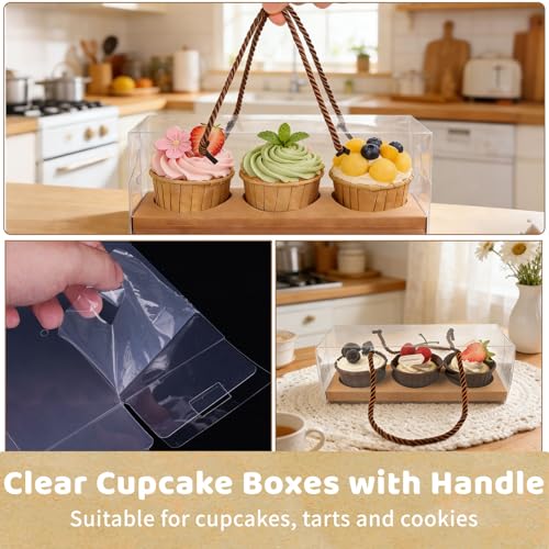 20Pcs Clear Cupcake Boxes with Handle, Cupcake Carrier for Party - color: Brown