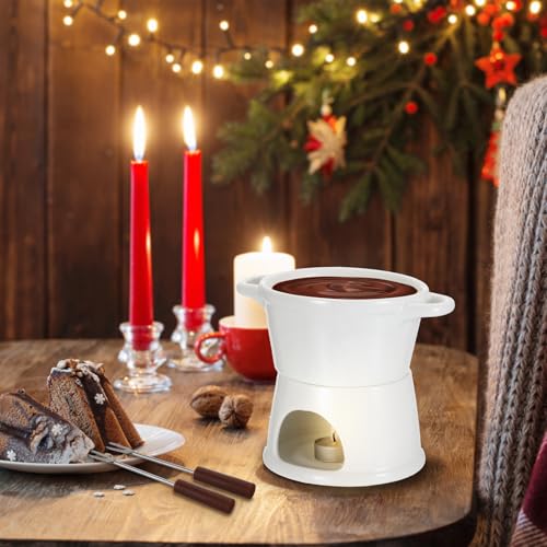 BSTKEY 300ML Ceramic Butter Warmer Set with 2 Forks, White Fondue Pot Melting Pot Set, Melt Hot Pot Bowl Set for Cheese Chocolate Butter Caramel - color: White