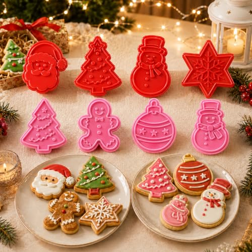 Christmas Themed MINI Cookie Cutter Embossing Mold Fondant Stamper Set - 8Pcs Plastic spring die Biscuits Pastry Cutter Set 3D Cookie Cake Plunger Cutter Baking Mould