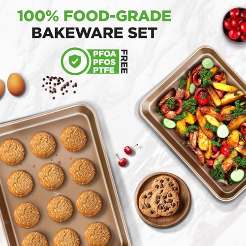 NutriChef 2-Piece Nonstick Stackable Cookie Sheet Set – Non-Toxic Carbon Steel Baking Pans – Heavy Duty, Warp-Resistant, Easy to Clean, Oven & Dishwasher Safe Bakeware - color: Champagne Gold