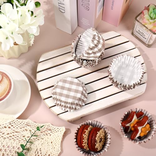 Whaline 300 Pcs Brown Plaid Cupcake Liner Khaki Plaid Paper Baking Cups Gingham Checkered Muffin Liner Cake Storage Container for Fall Baby Bridal Shower Wedding Birthday Party Supplies - color: Brown