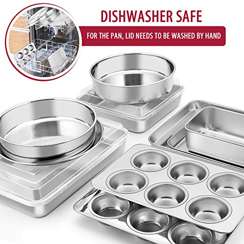 E-far 12-Piece Stainless Steel Bakeware Sets, Metal Baking Pan Set Include Round Cake Pans, Square/Rectangle Baking Pans with Lids, Cookie Sheet, Loaf/Muffin/Pizza Pan, Non-toxic & Dishwasher Safe
