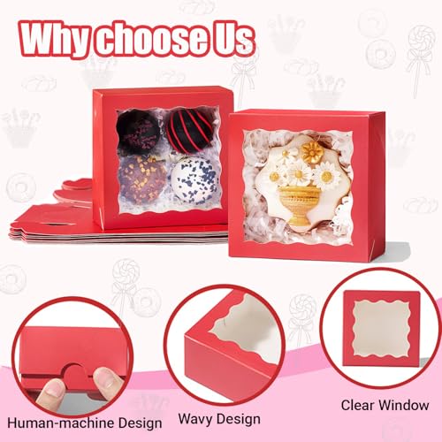 50 Pack 4x4x2 inches Red Bakery Boxes with Window - Macaron Cookie Chocolate Truffle Strawberry & Mini Cake Gift Boxes for Valentine's Parties Birthdays Wedding, Christmas Favors - color: Red