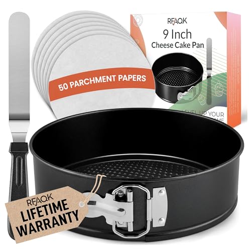 RFAQK 9 Inch Springform Pan Nonstick Leakproof - Spring Form Pan for Cheesecake with Removable Bottom, Include Spatula & 50pcs Parchment Paper, Recipe E-Book - Ideal for Baking Cakes, Pizzas, & More! - size: 9-Inch