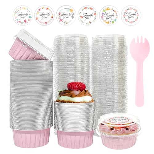 100Pcs Mini Aluminium Foil Baking Cups with Lid and Spoon Disposable(Pink) - color: Pink