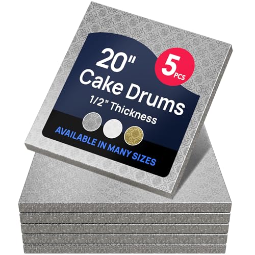 O'CREME Silver Foil Square Cake Board - Gorgeous Design, Sturdy & Durable 1/2" Thick Drums, 20" x 20" Inch, Pack of 5 Disposable - color: Silver, size: 20" x 20"