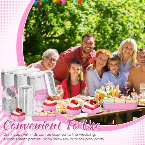 Rtteri 150 Pcs Mini Cake Pans with Lid Disposable Ramekins 6.8oz 5oz, Pink - color: Pink