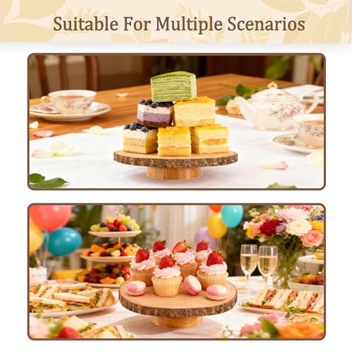 12 Inch Rotating Wooden Cake Turntable with Knife & Server, Round Rustic Cake Display Stand for Party Dessert Decor