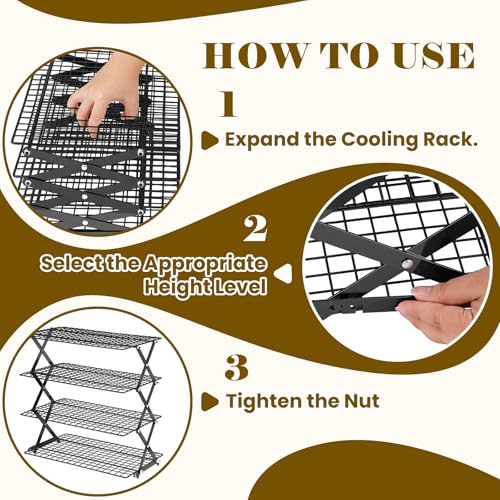 BEWOS 4 Tier Collapsible Cooling Rack - Adjustable Black Stainless Steel Baking Rack with Mesh Leak Proof, Foldable X-Shaped Structure Cooling Racks for Cooking and Baking - color: Black, size: 4 Tier