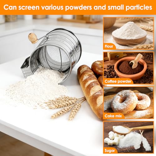 Large Rotary Flour Sifter Set, Stainless Baking with Hand Crank