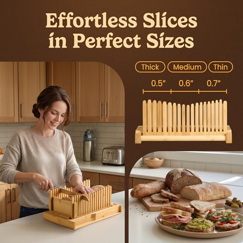 Bread Slicer Guide for Homemade Bread 2-In-1 Set: Sourdough Rounds Slicer, Sandwich Sealer | Bread Loaf Slicing, Adjustable Bamboo Bread Cutter With Knife & Magnetic slot - size: 2-in-1 Set (Basic Kit)