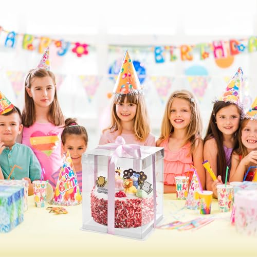 BURLIHOME 8x8x10 Clear Cake Boxes,Square Cake Carrier with Ribbon,5 Pack