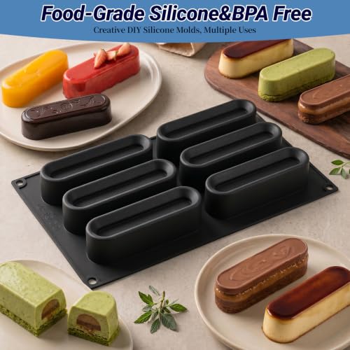 3D Eclair Silicone Mousse Mold, 6-Cavity Concave Baking Mold - color: black-005