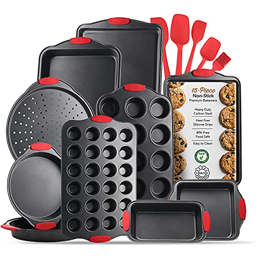 Eatex Nonstick Baking Sheet Set, 15-Piece Baking Pans Set with Silicone Handles, Carbon Steel Cookie Sheets for Baking, Commercial Grade Quality Bakeware Sets Includes Muffin Pan, Cake Pan and More - size: 15-Piece Set