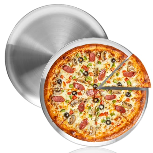 18 Inch Pizza Pan for Oven 2 Pack Stainless Steel Baking Sheet Round Plates for Cake Pie and Salad Pizza Steel Large Tray Oven Dishwasher Safe & Easy Clean - size: 18 Inch