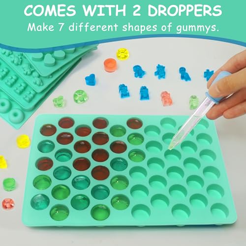 7Pcs Gummy Bear Molds Silicone, Nonstick Gummy Molds Includes Bear, 55 Cavity Round Molds, Dinosaur, Heart, Donut, Gummy Candy Chocolate Molds for Kids with 2 Droppers for Convenient Filling - color: 5 Set with Gummy Round