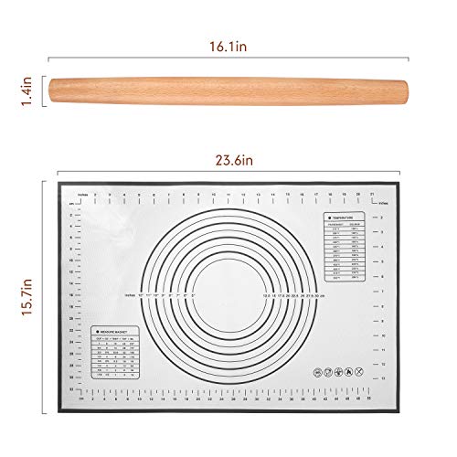 Wood Rolling Pin, QUELLANCE Wood French Roller Pin with Silicone Baking Mat, Beech Wood Dough Roller for Baking Dough, Pizza, Pie, Pastries, Pasta and Cookies - size: M-16 inch