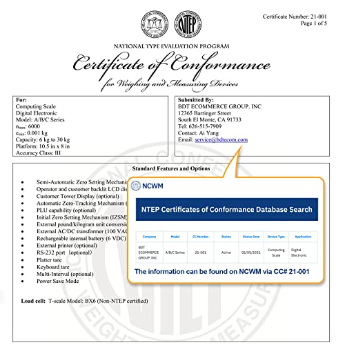 NTEP Certified Scale Price Computing, 60lb Capacity, COC #21-001 - style: NTEP Approved-BTP