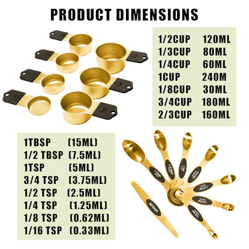 15PCS Gold Plated 304 Stainless Steel Measuring Cup & Spoon Set, Magnetic Silicone Baking Tools, Measuring Stand Included, Precise Scale, Easy Clean & Storage, for Baking & Cooking