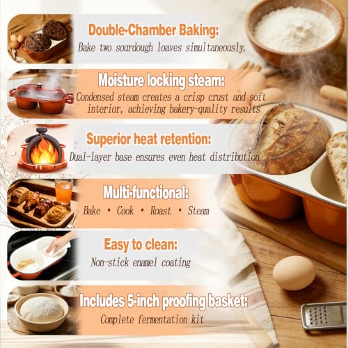 DIY Double Dutch Oven for Sourdough Bread Baking – Enamel Cast Iron Bread Baker with Lid, Bake Two Different Loaves at Once, 500°F Oven Safe, Includes 2×8" Banneton Proofing Baskets - color: Orage