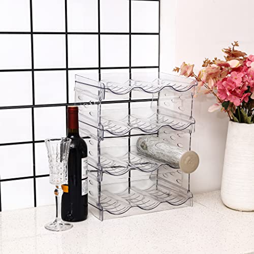 IEEK 4 Pack Stackable Wine and Water Bottle Holder Free-Standing Fridge Wine Bottle Organizers Clear Plastic Water Bottle Holder for Cabinet,Refrigerator,Pantry,Kitchen Countertops,Holds 12 Bottles - size: 4 Tier-Holds 12 Bottles