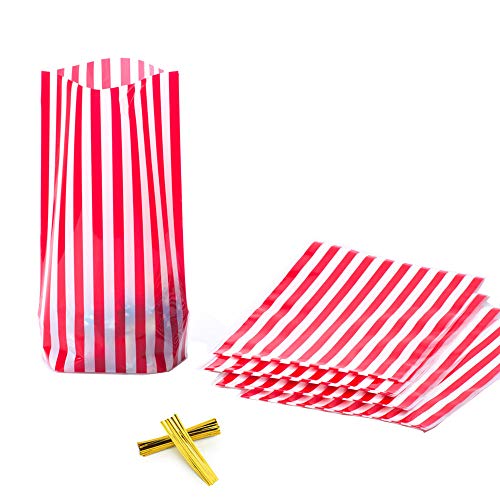 YESON 50 Count Red Stripe Clear Cellophane Treat Bags 6x9 Inch, Transparent Cello Cookie Candy Plastic Bags, Valentines Day Gift Wrapping Bags for Chocolate, Dessert, Small Presents, Party Favors - color: Red Stripe 7.8x5.5x2.3