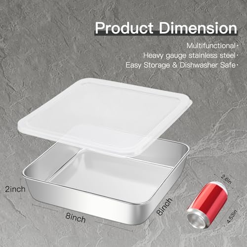 8x8 Inch Baking Pan with lid,18/0 Stainless Steel Square Cake Pan,Set of 2 - color: Flat lid