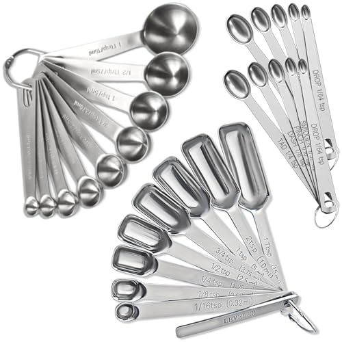 28 Pcs Stainless Steel Measuring Spoons Set with Leveler, Metal Round & Rectangular Spoons plus 2-Pack Mini Spoon Sets for Precise Cooking and Baking, Standard Sizes with Clear Engraved Markings - size: Set of 28