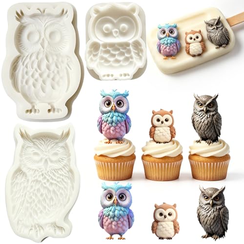 3Pcs 3D Owl Silicone Mold Set, Woodland Bird Fondant Baking Molds - color: Owl silicone mold