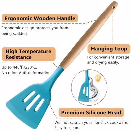 Kitchen Utensils Set 6-Piece Non-Stick Silicone Cooking Utensils Set, Wood Handle Heat Resistant Spatula Spoon Turner Ladle Pasta Server Cooking Kitchen Gadgets BPA Free for Nonstick Cookware - color: Light Blue, size: Standard 6-Piece Set