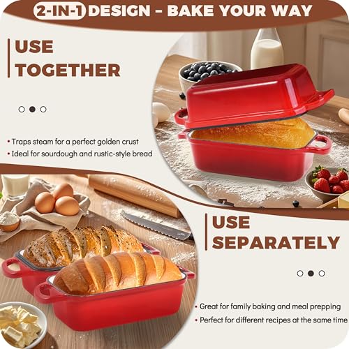 Cast Iron Loaf Pan with Lid, 9x5 Loaf Pans for Homemade Bread - color: Red, size: 9x5 Inch