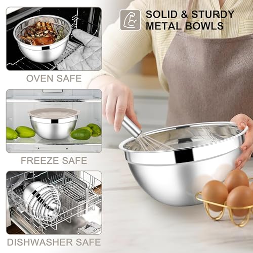 E-far Stainless Steel Mixing Bowls, 21PCS Mixing Bowls with Airtight Lids - color: Khaki, size: 7 Large Sizes