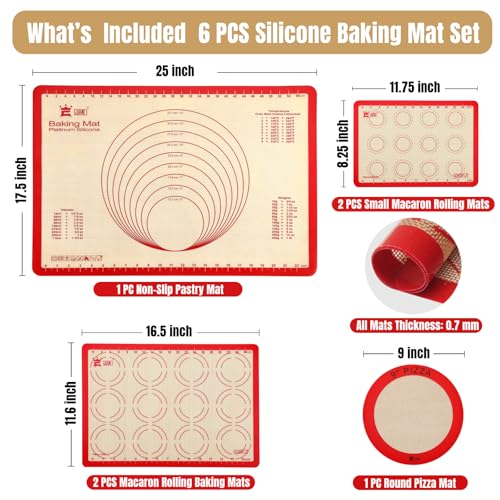 GUANCI Silicone Baking Mat Set of 6, Includes 25"x17.5" Large, 2 Medium 16.5"x11.6", 2 Small 11.75"x8.25", 9" Round, All Mats 0.70mm Thick, Non-Stick Reusable Baking Mats for Pizza, Cookie, Bread - color: F-6Red