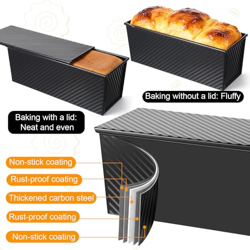 Pullman Loaf Pan with Lid 13x4 Inch, 2.2lb Carbon Steel Bread Pan, 2.2 lb Dough Capacity Bread Loaf Pans Heavy Duty, for Homemade Sourdough & Sandwich Breads, Nonstick & Easy Clean, Black