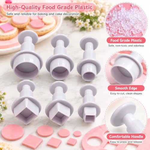 6 PCS Fondant Cutters, Small Round & Square Plunger Cookie Cutter Set - color: Square + Round